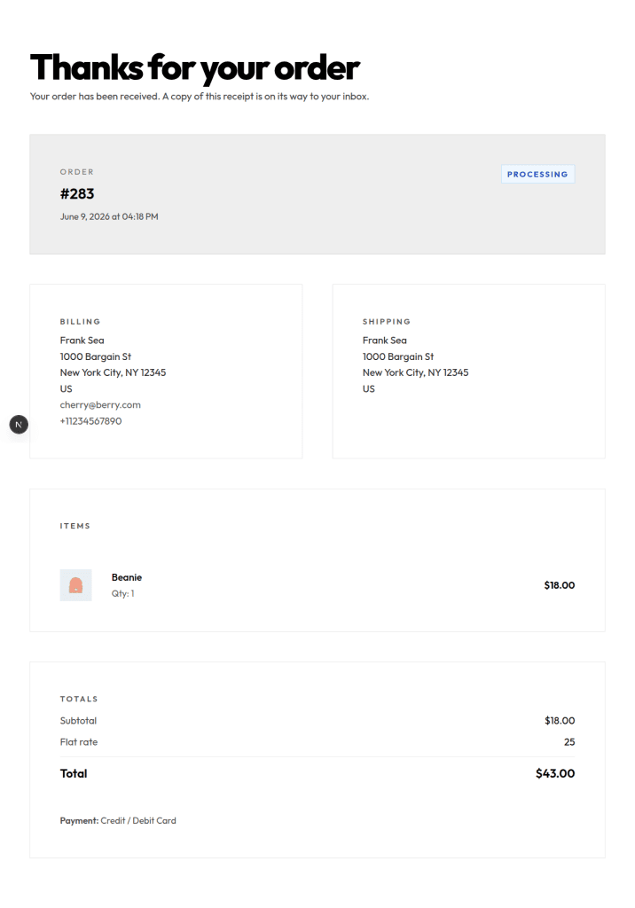 Order-received page after a successful test checkout — payment processed, inventory updated, email sent, all server-side via WooCommerce; receipt rendered automatically on the Next.js host.