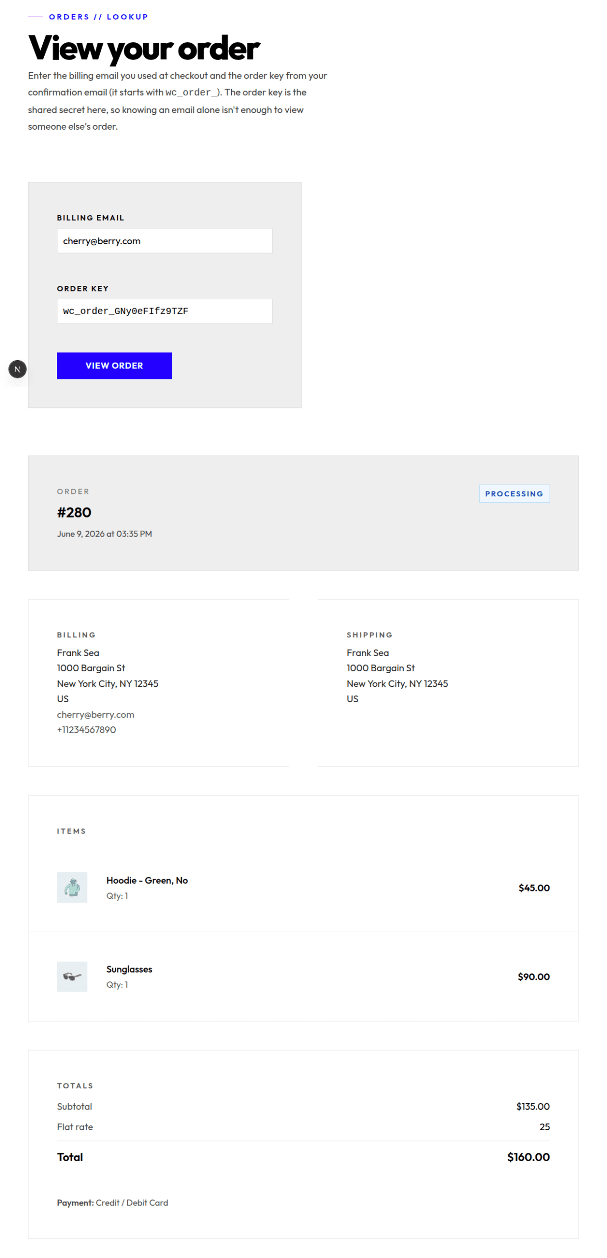 /view-order form and resulting OrderSummary after a successful lookup.