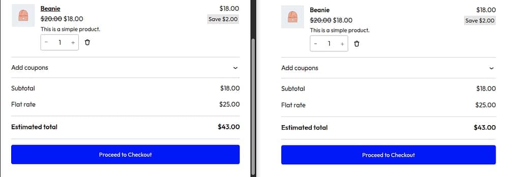 WooCommerce cart block rendered on a Next.js host via the NextPress proxy — same UI, same Next.js domain.