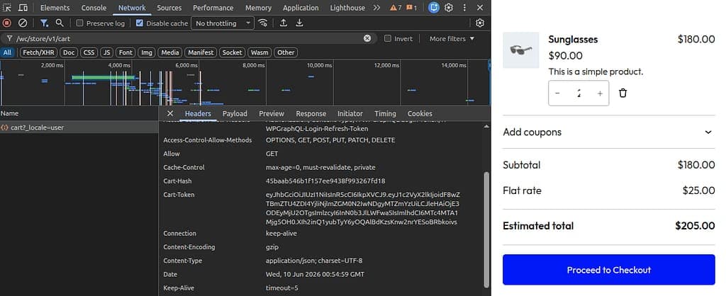 Chrome DevTools showing the Cart-Token header attached by middleware to a /wc/store/v1/cart request.