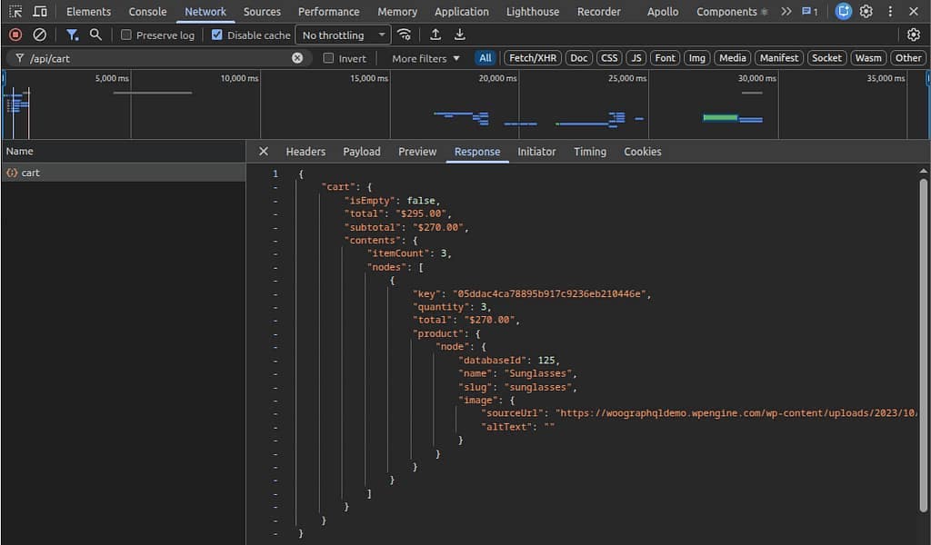 DevTools showing the POST /api/cart request and JSON response after add-to-cart.
