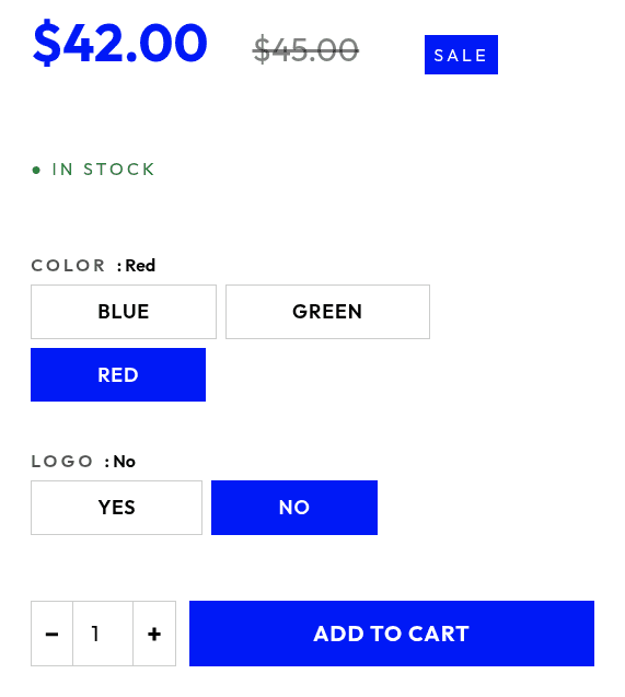 Variable product page showing matched variation image, price, and stock badge updating live with attribute-picker selection.