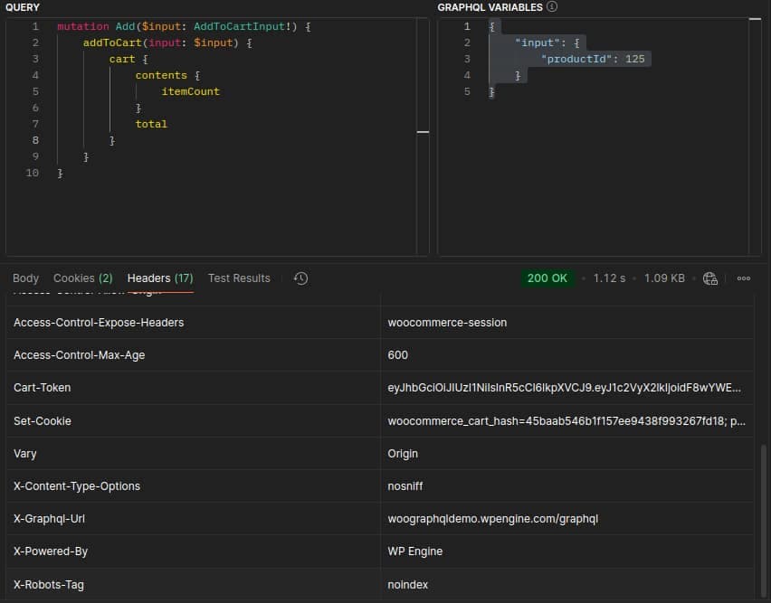 Postman executing an addToCart mutation against /graphql, with the response Headers tab expanded to show the Cart-Token JWT WooCommerce returned for the new guest session.